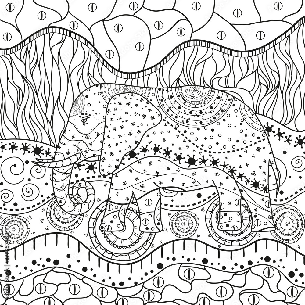 Abstract elephant on square pattern. Hand drawn animal with ornate patterns on isolation background. Design for spiritual relaxation for adults. Black and white illustration for coloring