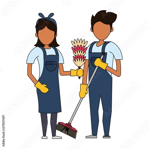 Cleaners workers with cleaning equipment