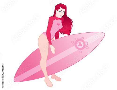 Surfer Girl tiwh surfboard isolated (ID: 279258641)