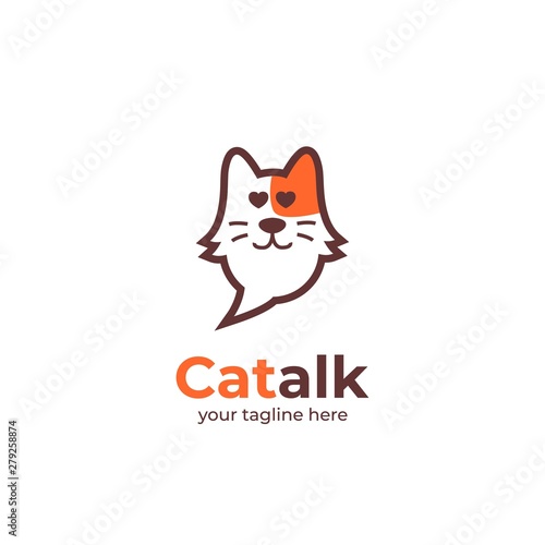 pet cat talk logo, yellow head cat in bubble speak talk shape with love amour eyes logo icon illustration
