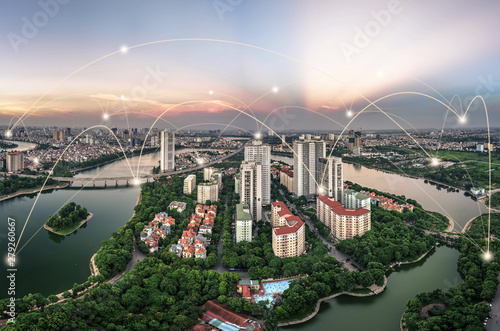 Smart city and wireless communication network concept. Digital network connection lines of Hanoi city, Vietnam at Linh Dam peninsula, Hoang Mai district