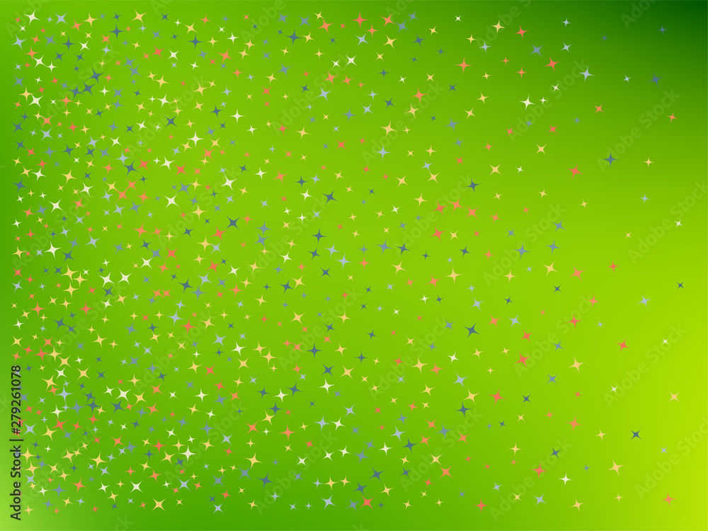 Green color background. Stars confetti. 