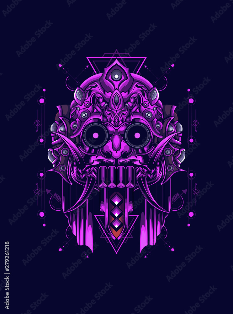 Barong Leak mask the culture of Balinese with sacred geometry pattern as the background Barong Leak mask the culture of Balinese with sacred geometry pattern as the background
