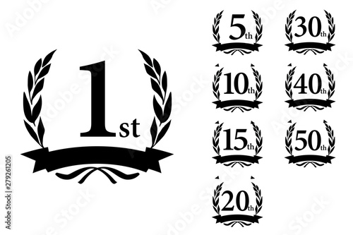 月桂樹をモチーフにしたアニバーサリーのロゴのセット＿1周年～50周年・月桂冠　 Anniversary