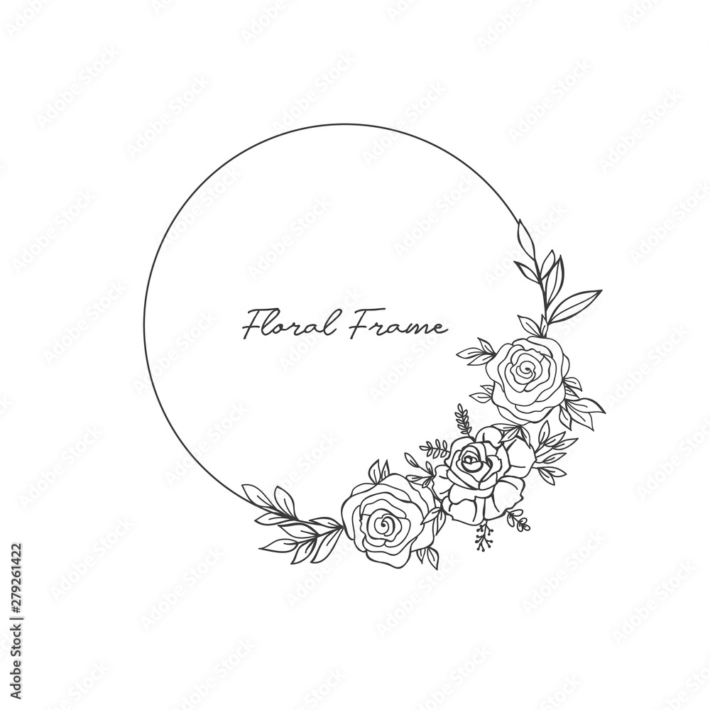 Delicate Hand Drawn Vector Round Floral Frame with Leaves and Herbs