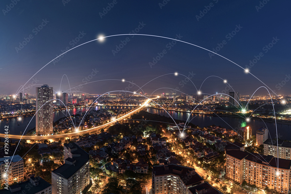 Smart city and wireless communication network concept. Digital network connection lines