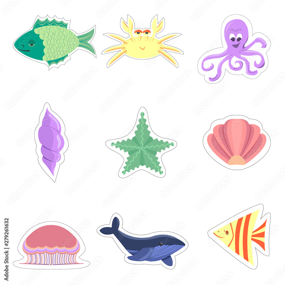 Sea inhabitants in flat style isolated on white background: star, octopus, fish, jellyfish, crab, shells, whale.