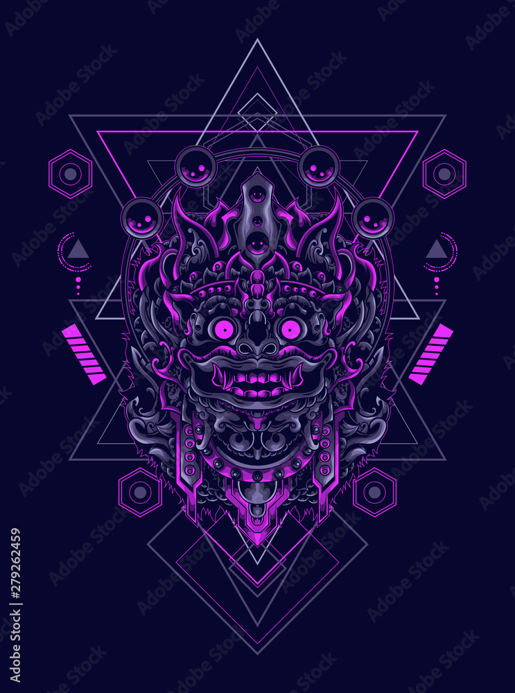 Barong Balinese mask head logo illustration with sacred geometry pattern as the background Barong Balinese mask head logo illustration with sacred geometry pattern as the background
