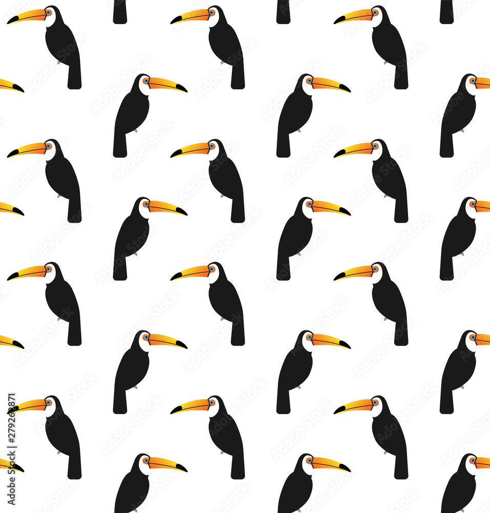 Obraz premium Vector seamless pattern of flat cartoon toucan tucan bird sitting isolated on white background