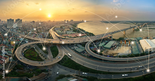 Smart city and wireless communication network concept. Digital network connection lines of Hanoi city at Vinh Tuy bridge