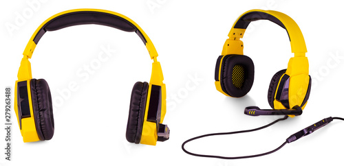 The Yellow headphones with a microphone isolated on white background