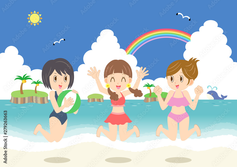 海 夏 水着の若い女性 ビーチ 海水浴 青空 海 夏 水着の若い女性 ビーチ 海水浴 青空