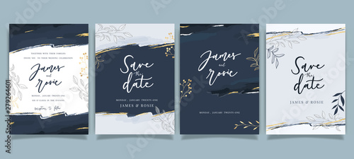 Navy and indigo Wedding Invitation, floral invite thank you, rsvp modern card Design in white flower with leaf greenery  branches decorative Vector elegant rustic template photo