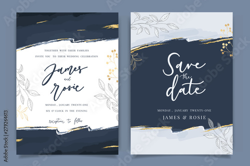 Navy and indigo Wedding Invitation, floral invite thank you, rsvp modern card Design in white flower with leaf greenery  branches decorative Vector elegant rustic template