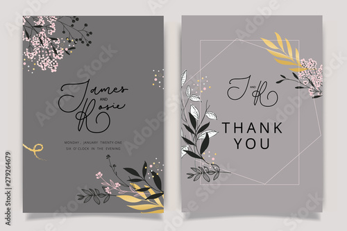 Wedding Invitation, floral invite thank you, rsvp modern card Design in white and blue peony with leaf branches decorative Vector elegant rustic template