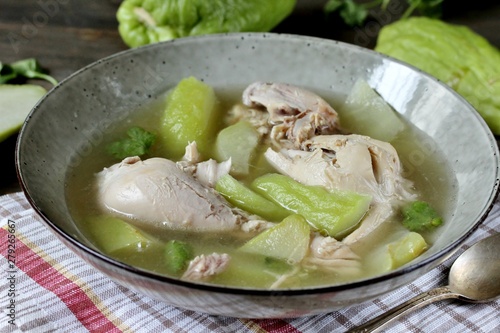 soup with chayote and chicken. Latin American cuisine. dish with chayote. keto diet.