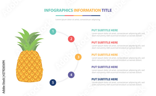 pineapple fruit infographic template concept with five points list and various color with clean modern white background - vector