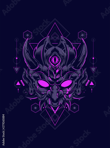 Devil mask head logo illustration with sacred geometry pattern as the background