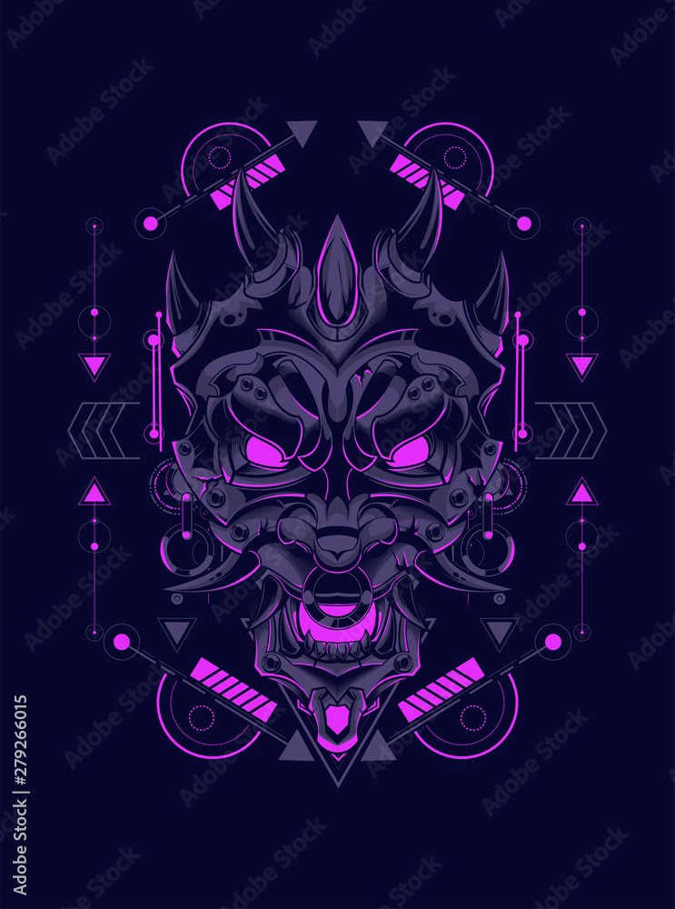Devil mask head logo illustration with sacred geometry pattern as the background Devil mask head logo illustration with sacred geometry pattern as the background