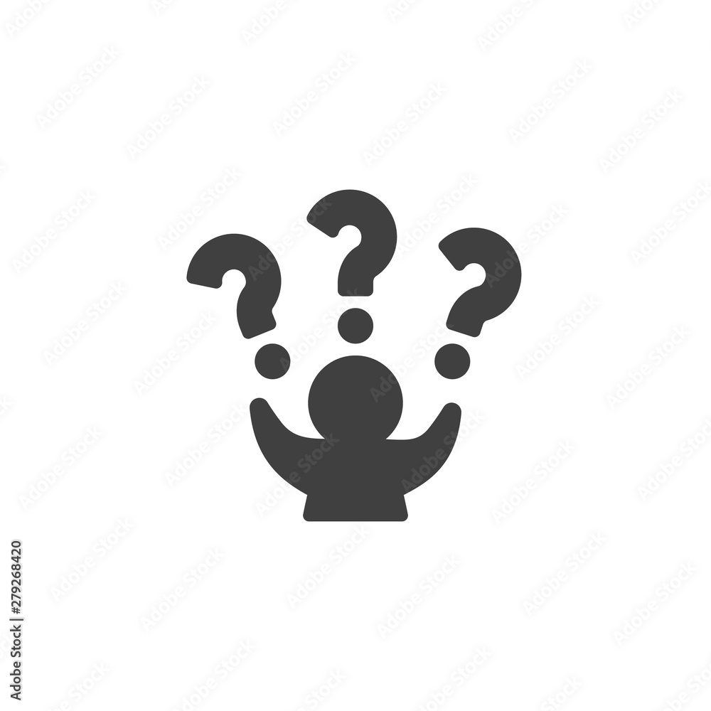 Man with raised hands and a question mark vector icon. filled flat sign for mobile concept and web design. Person asking question glyph icon. Symbol, logo illustration. Vector graphics Man with raised hands and a question mark vector icon. filled flat sign for mobile concept and web design. Person asking question glyph icon. Symbol, logo illustration. Vector graphics