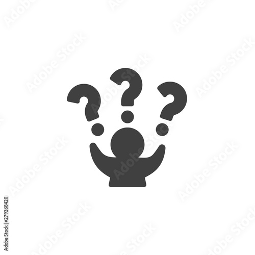 Man with raised hands and a question mark vector icon. filled flat sign for mobile concept and web design. Person asking question glyph icon. Symbol, logo illustration. Vector graphics