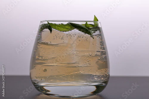 Refreshing drink with gas bubbles. Nalit in a transparent glass. It laid crushed ice. Decorated with mint leaves.