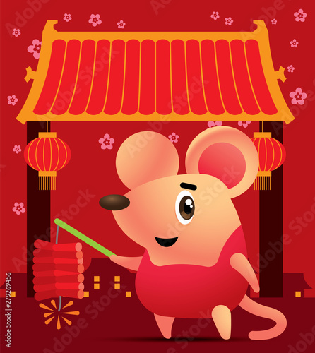 Happy New Year 2020. The year of Rat. Cute rat cartoon character is playing firecracker in Chinatown background. - vector