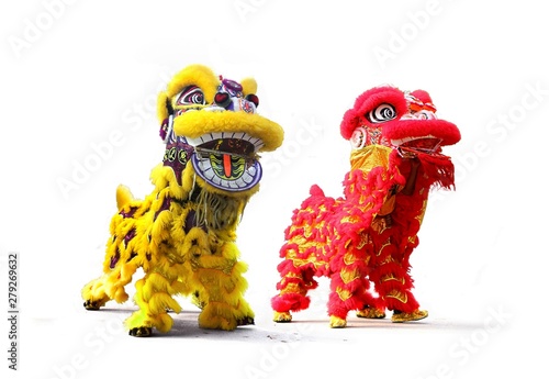 Chinese New Year lion dance celebration over white background