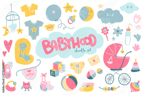 Newborn infant themed cute doodle set. Baby care, feeding, clothing, toys, health care stuff, safety, accessories.