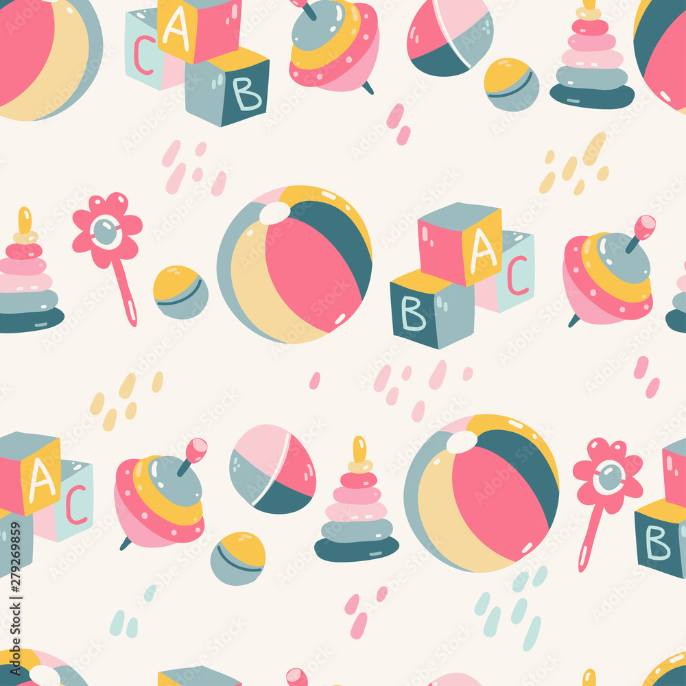 Seamless pattern with different colors baby prams, vintage simple style.