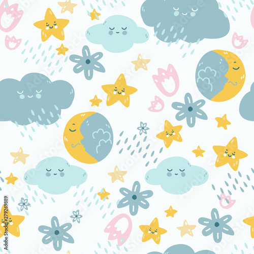 Seamless pattern with lullaby good night elements, moon, clouds, star, rain and flowers.