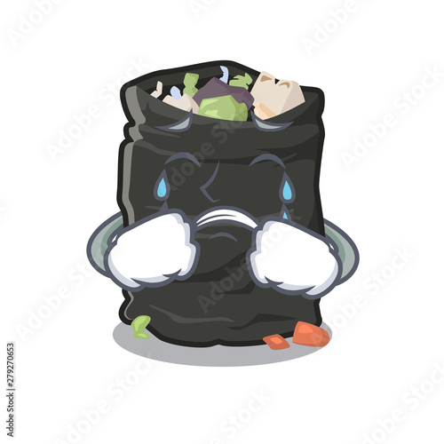 Crying cartoon garbage bag next to table