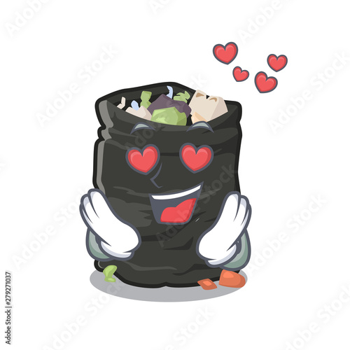 In love cartoon garbage bag next to table