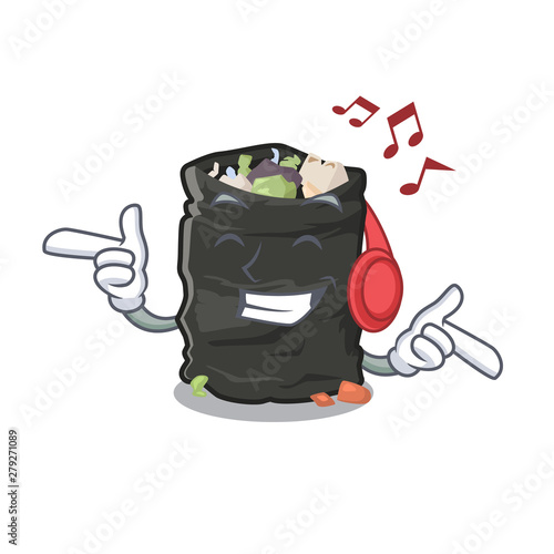 Listening music cartoon garbage bag next to table