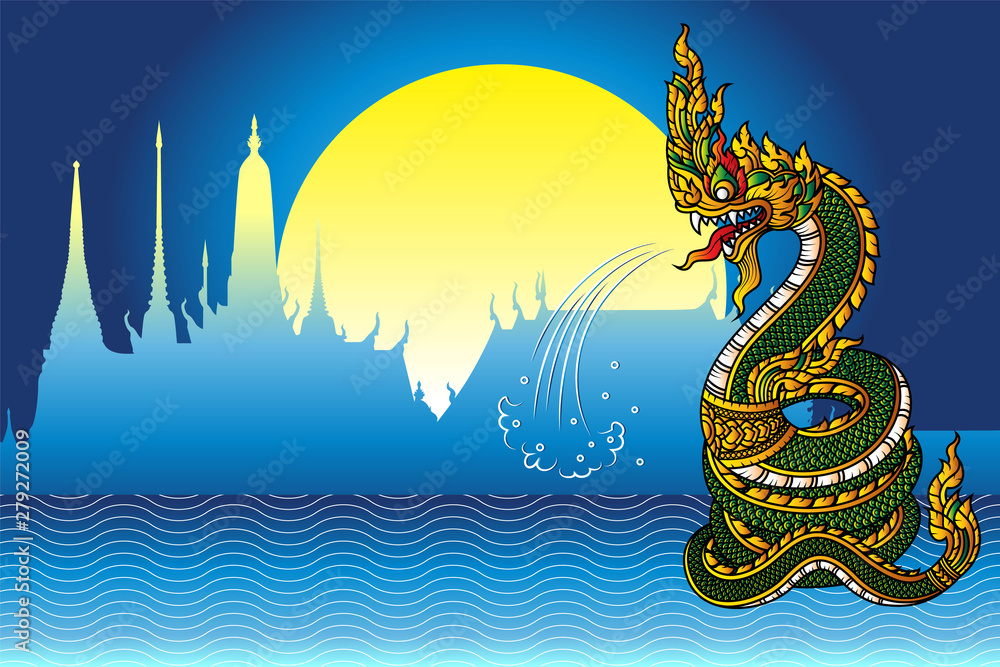 Serpent or Naga vintage style and full moon temple background - obrazy, fototapety, plakaty 