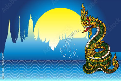 Serpent or Naga vintage style and full moon temple background