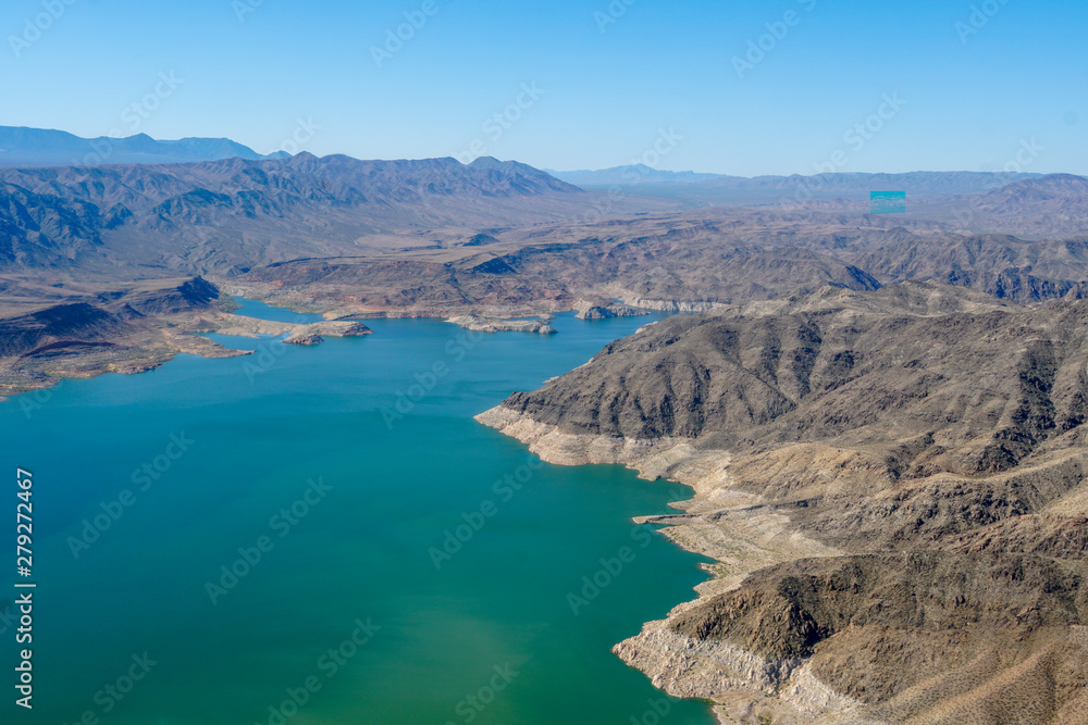 Aerial view of Lake Mead, man made lake that lies on the Colorado River,  states of Nevada and Arizona. largest water reservoir in the United States