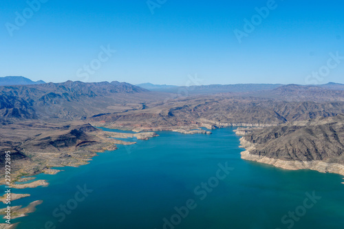 Aerial view of Lake Mead, man made lake that lies on the Colorado River, states of Nevada and Arizona. largest water reservoir in the United States