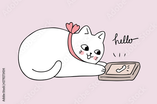 Cartoon cute cat talking mobile vector.