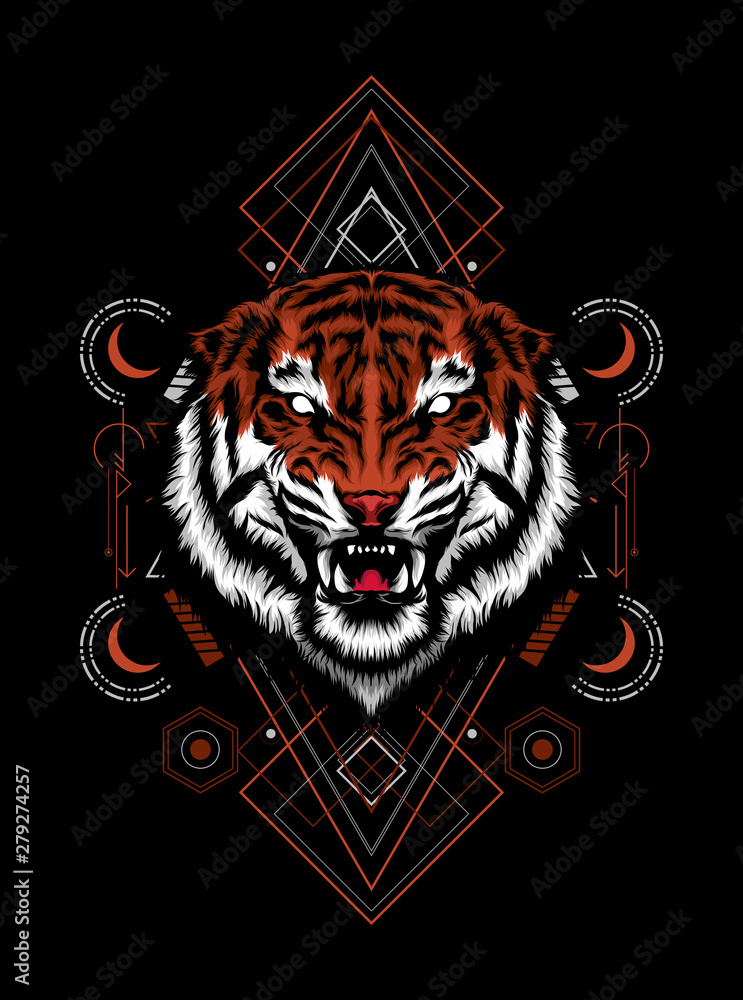 Wild tiger head logo illustration with sacred geometry pattern as the background Wild tiger head logo illustration with sacred geometry pattern as the background