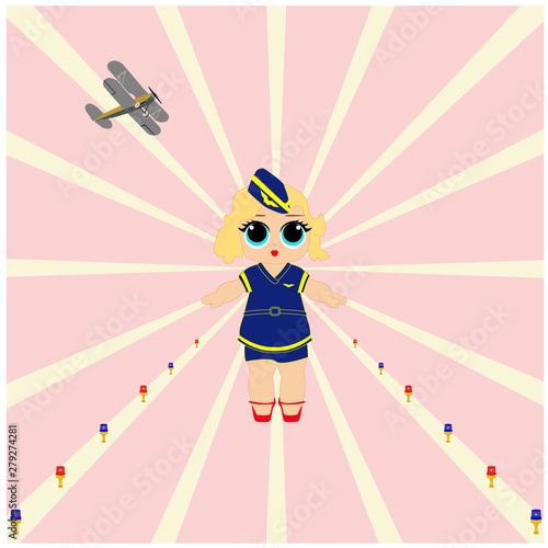Doll stewardess on the background of a stylized take-off field and a vintage aircraft.