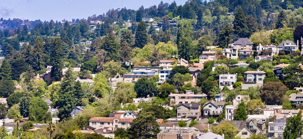 Aerial view of residential neighborhood built on a hill, Berkeley, San Francisco bay, California; - obrazy, fototapety, plakaty 
