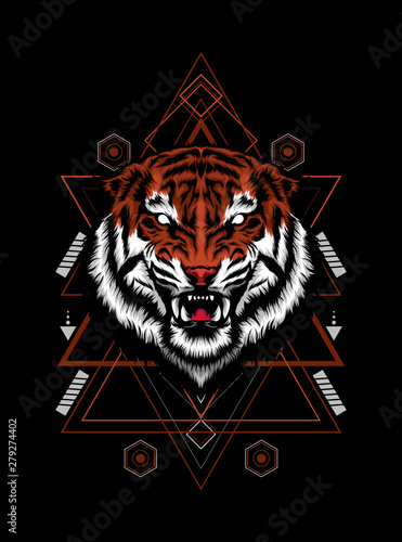 Fototapeta Naklejka Na Ścianę i Meble -  Wild tiger head logo illustration with sacred geometry pattern as the background