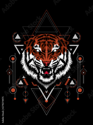 Wild tiger head logo illustration with sacred geometry pattern as the background