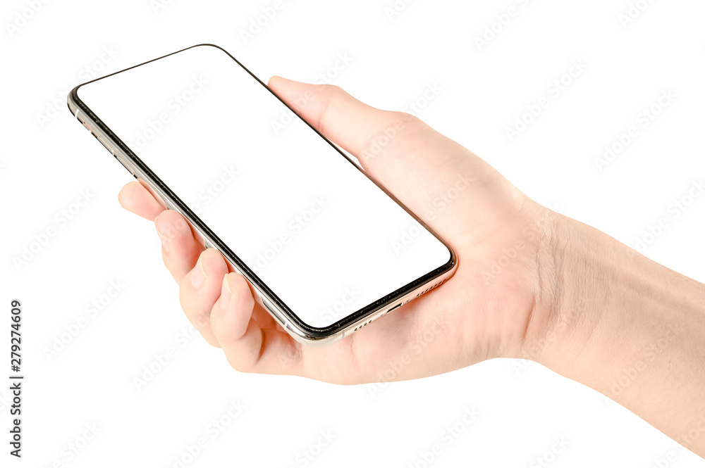 Hand holding phone isolated on white background with clipping path.
