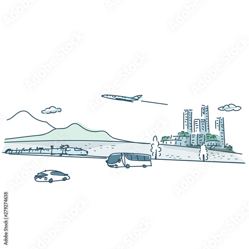 背景　山、海＆ビル群といろいろな乗り物（反転）
