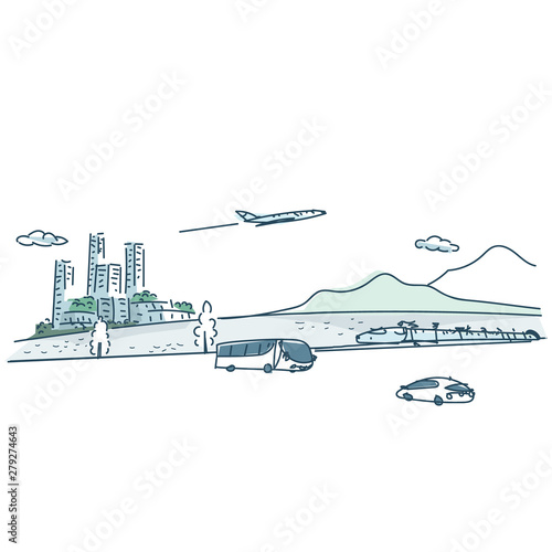 背景　旅行　海、山＆ビル群といろいろな乗り物