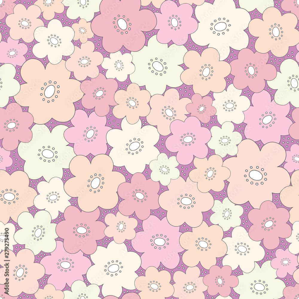 Seamless repeat pattern of stylized outline flowers. A pretty floral vector tossed design background.
