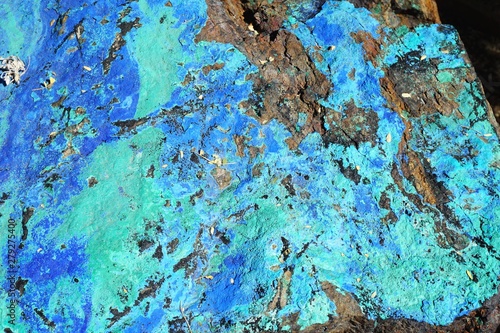 Closeup detail of large stone containing blue and green azurite and malachite in Arizona desert