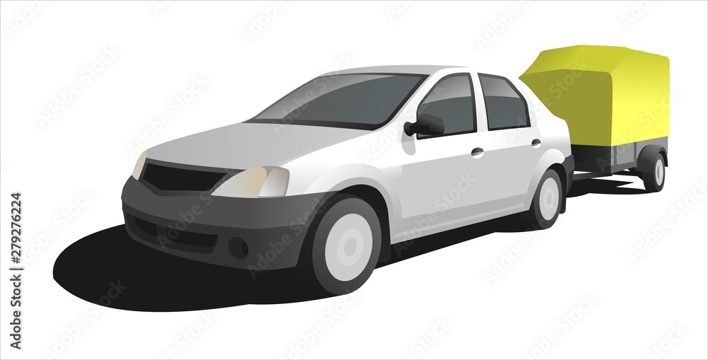 Car With Trailer, Front view, Three-quarter view. Car With Trailer, Front view, Three-quarter view.